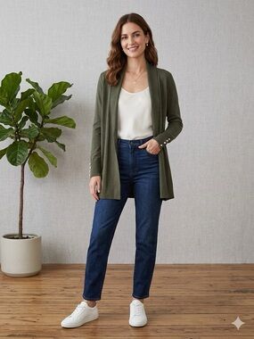 Long Open-Front Cardigan; olive green size large